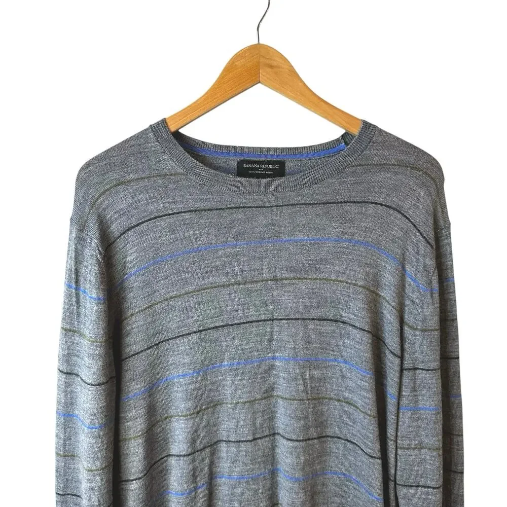 Banana Republic Mens 100% Merino Wool Striped Sweater Gray L Office Academia